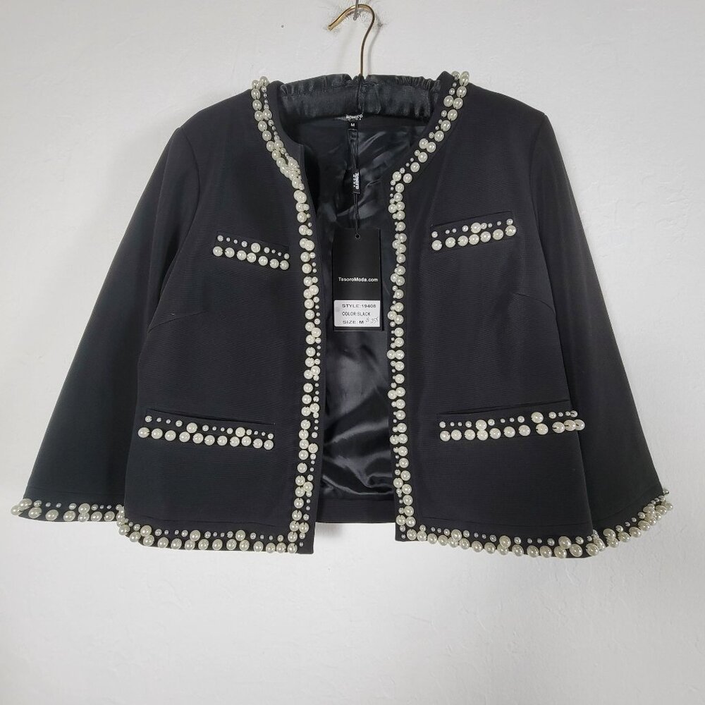 Tesoro Moda Womens Black Pearl Embellished Evening Jacket Medium Lined New $258